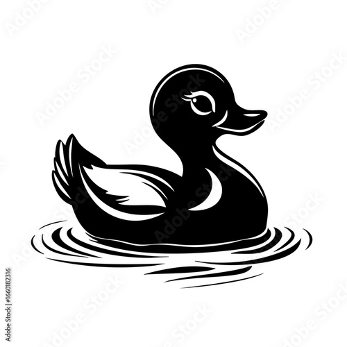 Decorative black vector illustration of a duck swimming gracefully on water with ripples around it