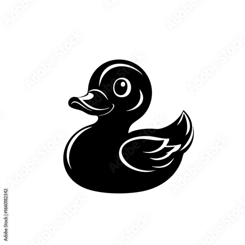 Charming black vector illustration of a playful rubber duck with a friendly expression and whimsical design