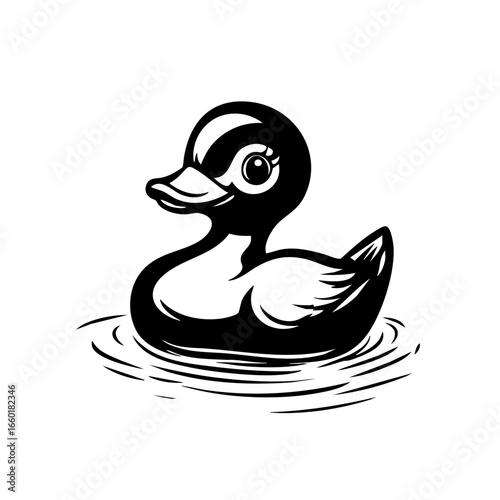 Black vector illustration of a cheerful duck swimming in water with ripples around it