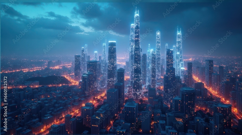 Fototapeta premium Blue Night Cityscape with Glowing Skyscrapers and Winding Streets