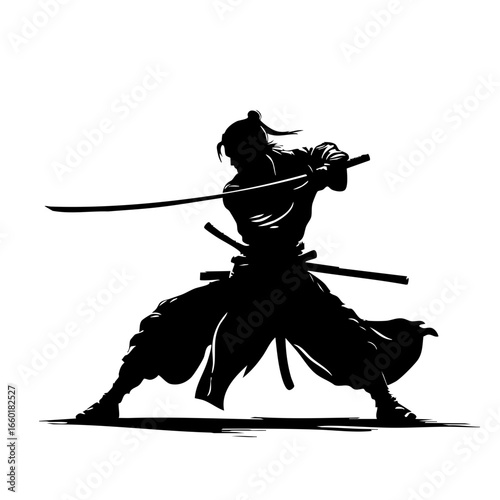 Dynamic silhouette of a skilled warrior poised in a defensive stance with a sword ready for combat