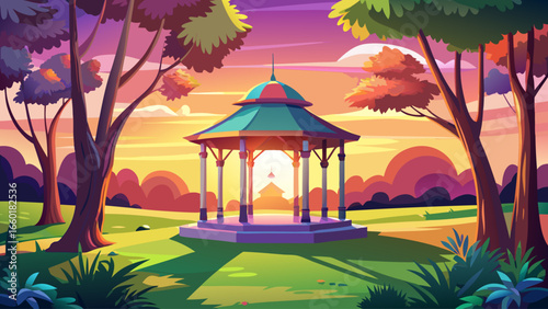 Peaceful gazebo in the middle of a lush green park, bathed in the warm glow of a colorful sunset sky, surrounded by tall trees, vibrant grass, and soft evening light