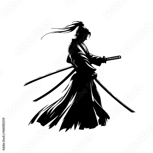 Samurai warrior silhouette practicing combat techniques with katana during early morning training session