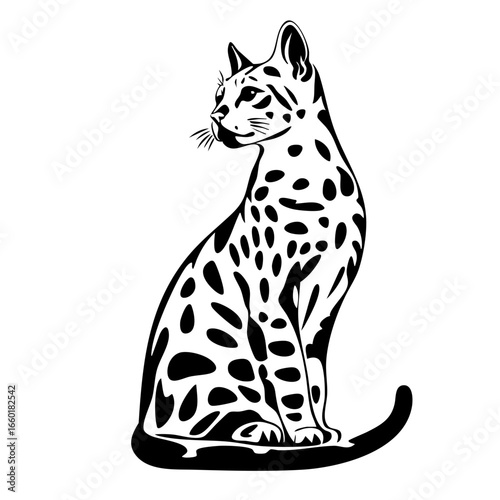 Elegant black vector illustration of a spotted cat in a regal sitting position showcasing its unique markings and features