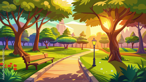 Scenic park pathway bathed in warm morning sunlight, surrounded by green trees, fresh grass, and soft shadows, peaceful atmosphere ideal for walking, jogging, and relaxation in nature