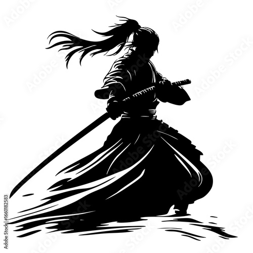 Dynamic black vector of a samurai warrior in motion wielding a katana with flowing garments during battle preparation