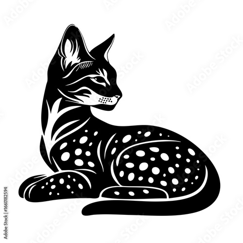 Black vector illustration of a sleek wild cat in profile with distinctive spots and elegant posture