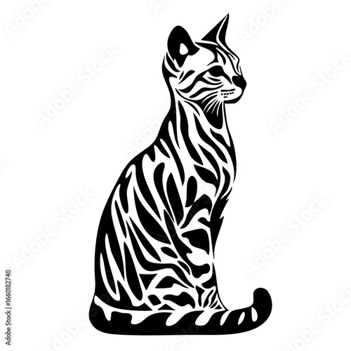 Creative black vector illustration of a cat with intricate patterns and stylized features showcasing feline grace and elegance