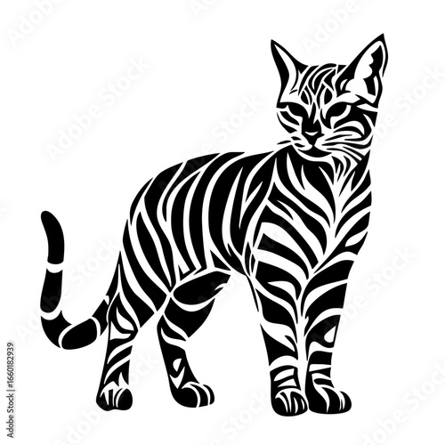 Stylized black vector illustration of a cat with bold striped patterns and an elegant posture showcasing its playful yet dignified nature