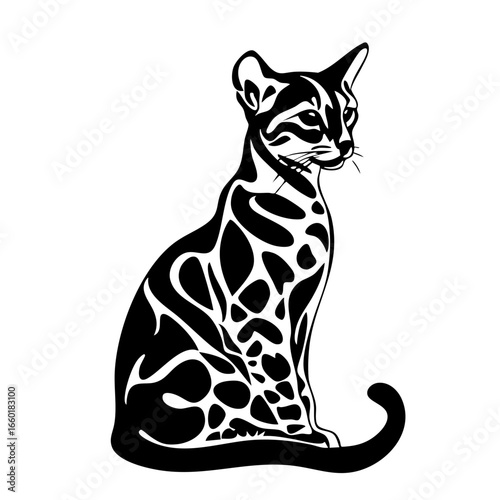 Artistic black vector illustration of a cat with unique patterns resembling animal prints in a stylized design