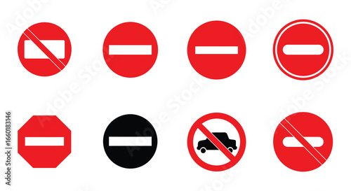 No entry and do not enter traffic signs and symbols in various shapes and colors
