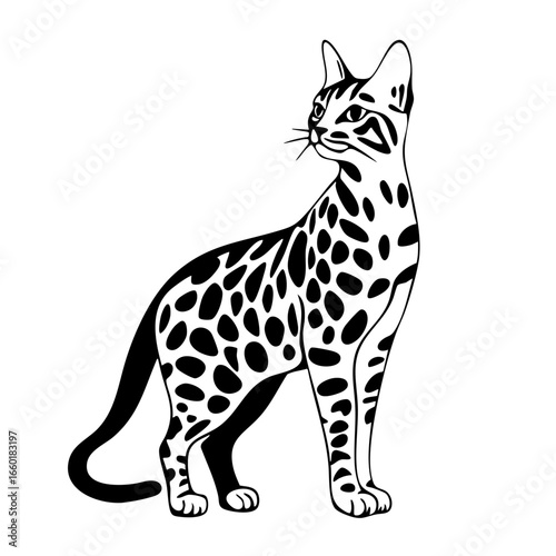 Sleek black vector illustration of a standing spotted cat showcasing elegant posture and distinctive coat pattern