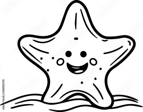 Happy starfish smiling on the ocean floor with cheerful facial features and playful personality