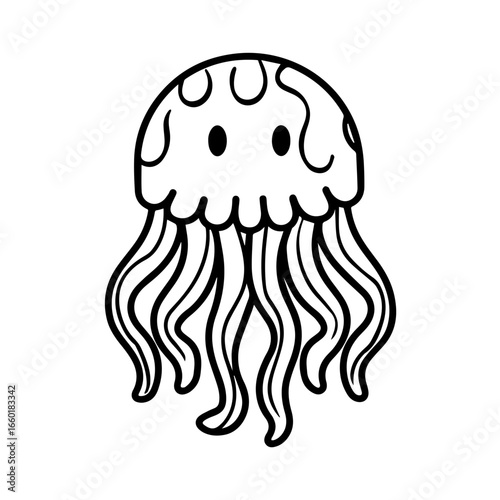 Cartoon jellyfish with flowing tentacles swims gracefully in the ocean depths during bright daylight