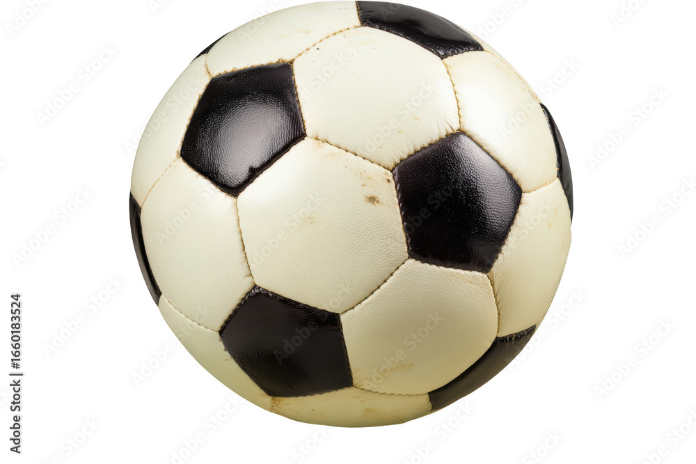 Fototapeta premium A well-worn, classic soccer ball with black and white pentagons
