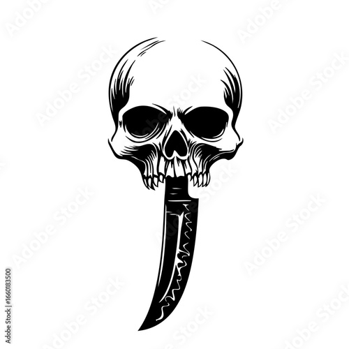 Skull design with a dagger piercing through, symbolizing danger and intrigue in a macabre artistic style