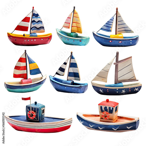 and keyword list based on the image.. Toy Sailboats Floating Together, Colorful Playful Small Vessels, Nautical Display.