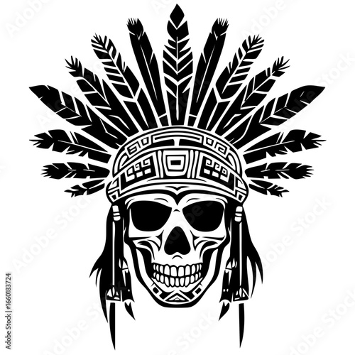 Detailed black vector illustration of a skull adorned with feathers and tribal design elements representing indigenous culture and art