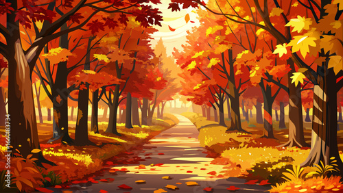 Beautiful autumn pathway covered with colorful fallen leaves, bathed in warm golden sunlight, surrounded by tall trees with vibrant red, orange, and yellow foliage, peaceful seasonal landscape perfect