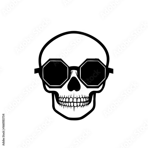 Stylish skull design featuring octagonal sunglasses with a bold outline for edgy graphic art and unique fashion statements