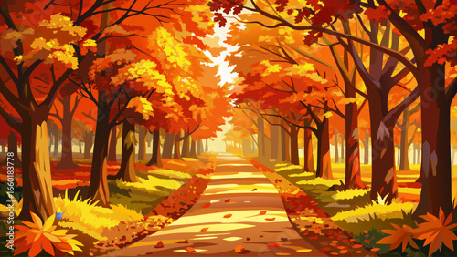 Beautiful autumn pathway covered with colorful fallen leaves, bathed in warm golden sunlight, surrounded by tall trees with vibrant red, orange, and yellow foliage, peaceful seasonal landscape perfect