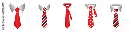 Set of neckties in red, and black isolated on white background, flat vector illustration.