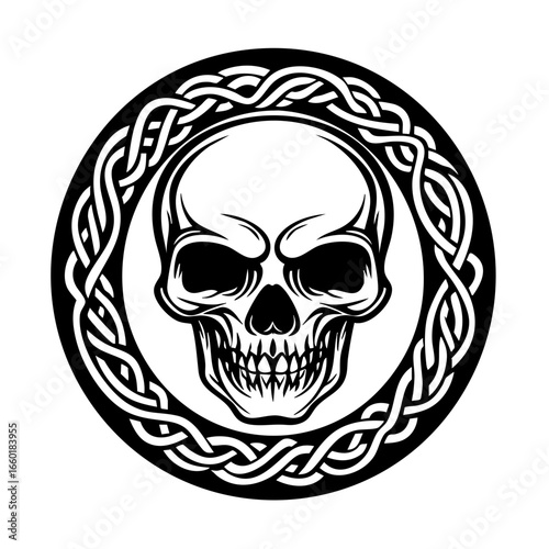 Detailed black vector illustration of a skull surrounded by intricate Celtic knot design
