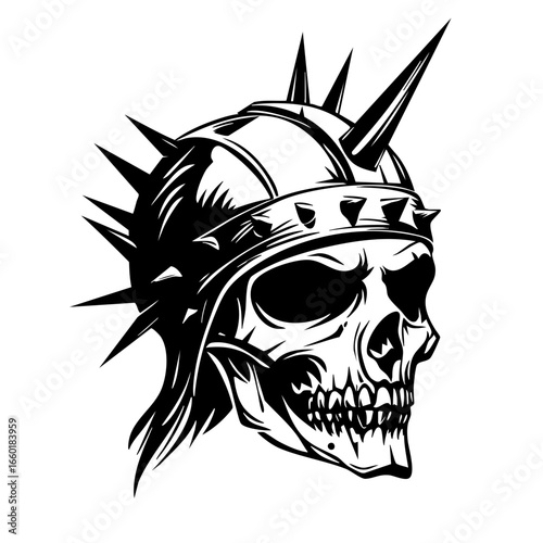 Skull wearing a spiked helmet design suitable for tattoos or graphic art