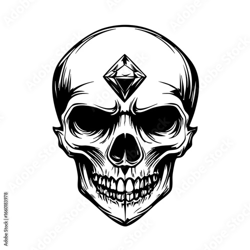 Skull with diamond shape on forehead showcasing intricate design and bold lines in an artistic black vector style