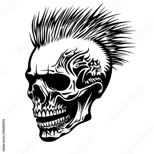 Intricate black vector illustration of a mohawk skull showcasing an edgy design with detailed facial features and fierce expression