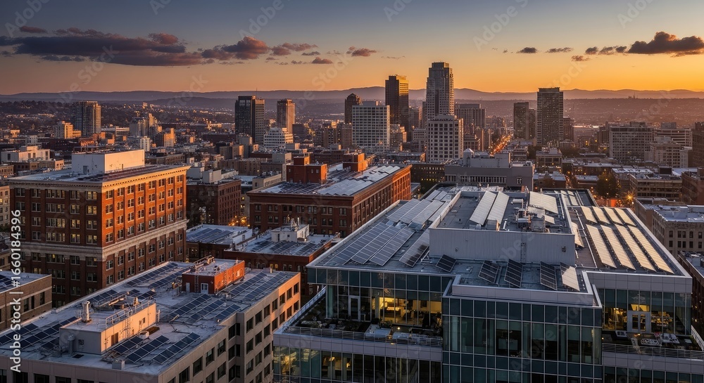 Fototapeta premium Panoramic City Skyline at Golden Sunset with Modern Skyscrapers and Rooftops