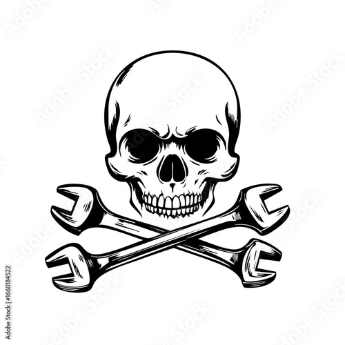 Skull and cross wrenches symbol representing mechanics and tools as a sign of strength and craftsmanship