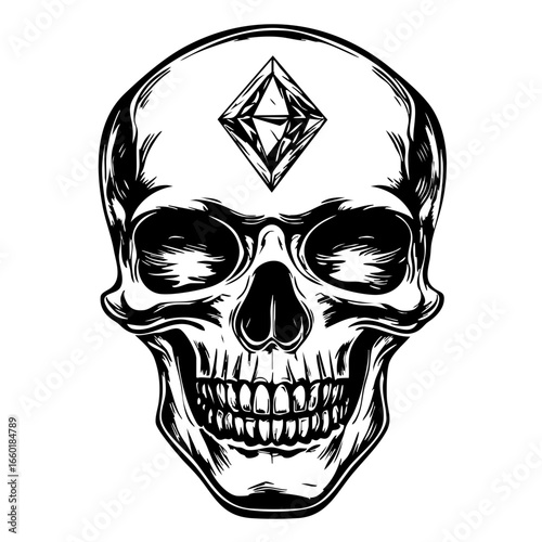 Intricate black vector skull design featuring a diamond-shaped gem on the forehead showcasing bold lines and detailed expressions