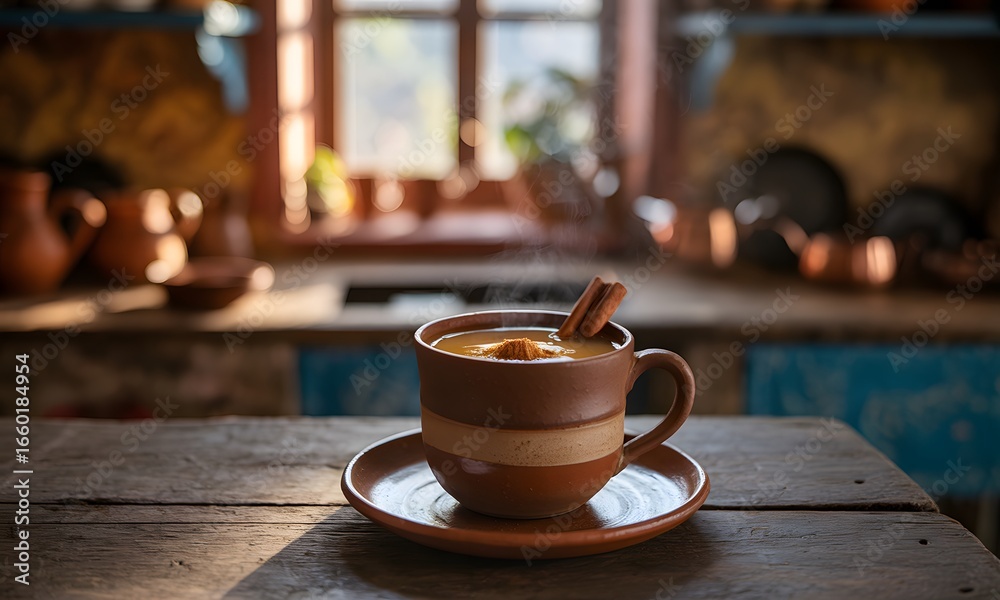 Obraz premium Cozy steaming mug of spiced beverage with cinnamon sticks on rustic wooden table, warm kitchen setting