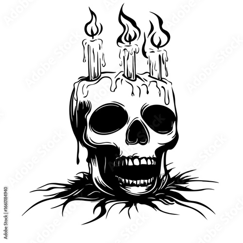 Skull with melting candles on top surrounded by grass, symbolizing themes of death and remembrance
