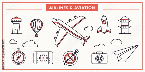 Minimal line icons for airlines and aviation