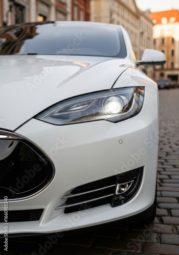 Modern white electric car headlight shining on a historical european city
