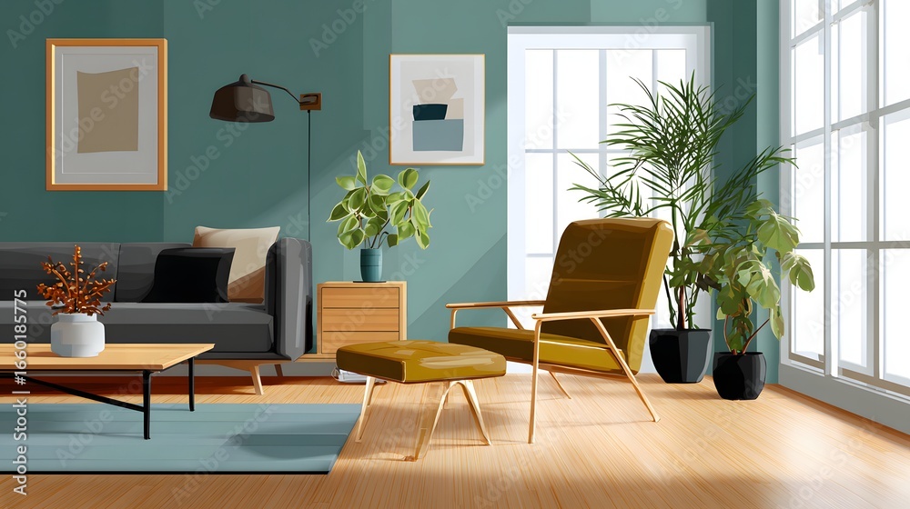 Fototapeta premium Modern Interior Living Room Design Featuring Green Accents and Natural Light