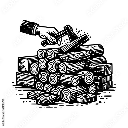 Stack of firewood logs in black vector icon with transparent background 