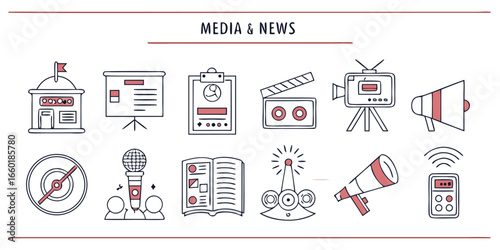 Set of 40 minimal line icons for media and news applications
