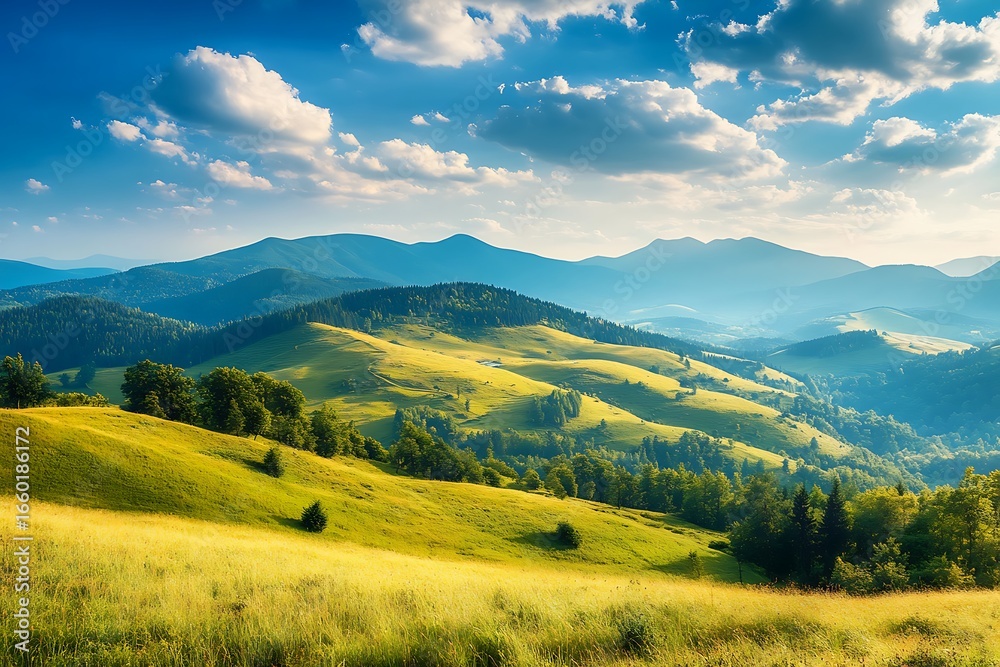 Fototapeta premium Sunlit rolling hills under a cloudy blue sky