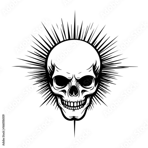 Skull design with rays emanating from it, representing themes of mortality and rebellion, suitable for various art and fashion applications
