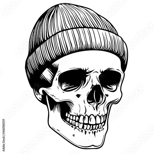 Stylized black vector illustration of a skull wearing a beanie hat featuring detailed line art and a unique design