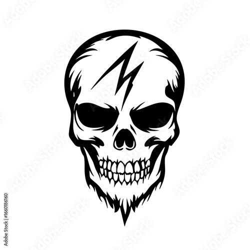 Bold skull design featuring lightning bolt across the forehead, perfect for edgy artwork and tattoos