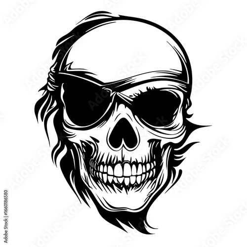 Stylized black skull with sunglasses featuring detailed contours and striking expressions