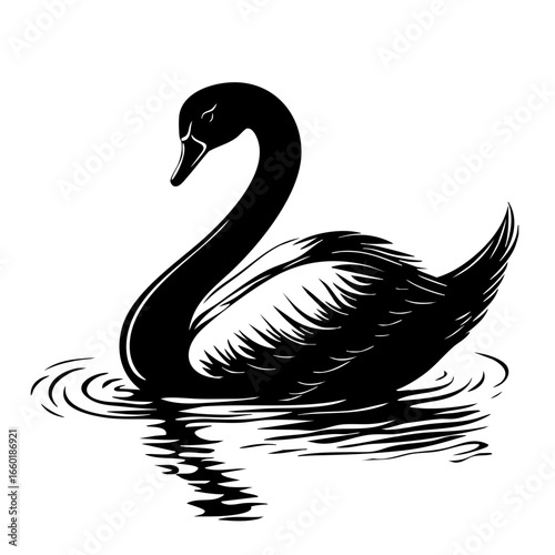 Elegant black swan gracefully gliding on calm waters with reflections of its silhouette