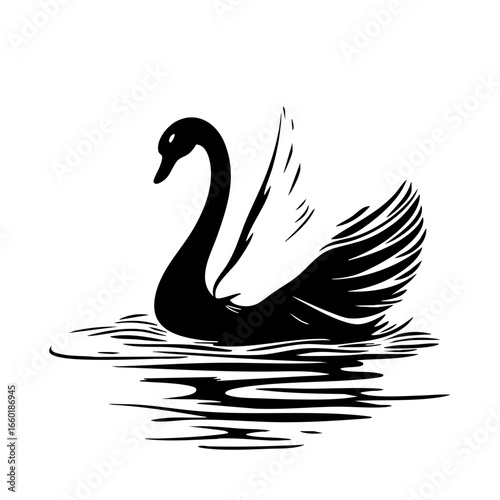 Elegant black vector swan with outstretched wings gliding on water, showcasing grace and beauty in serene moments of nature