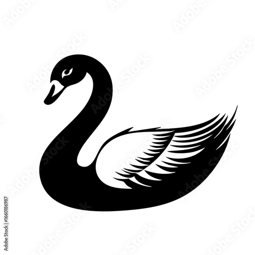 Elegant black vector illustration of a graceful swan with detailed feathers and serene posture