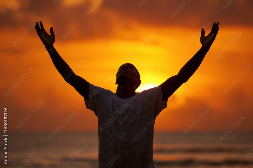 Fototapeta premium Man Surrendering at Beach: Silhouette of Man with Raised Hands at Sunset