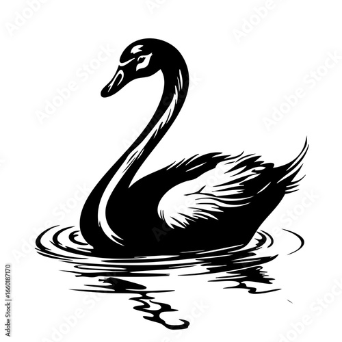 Elegant black vector illustration of a swan gliding gracefully on the water during a serene moment in nature